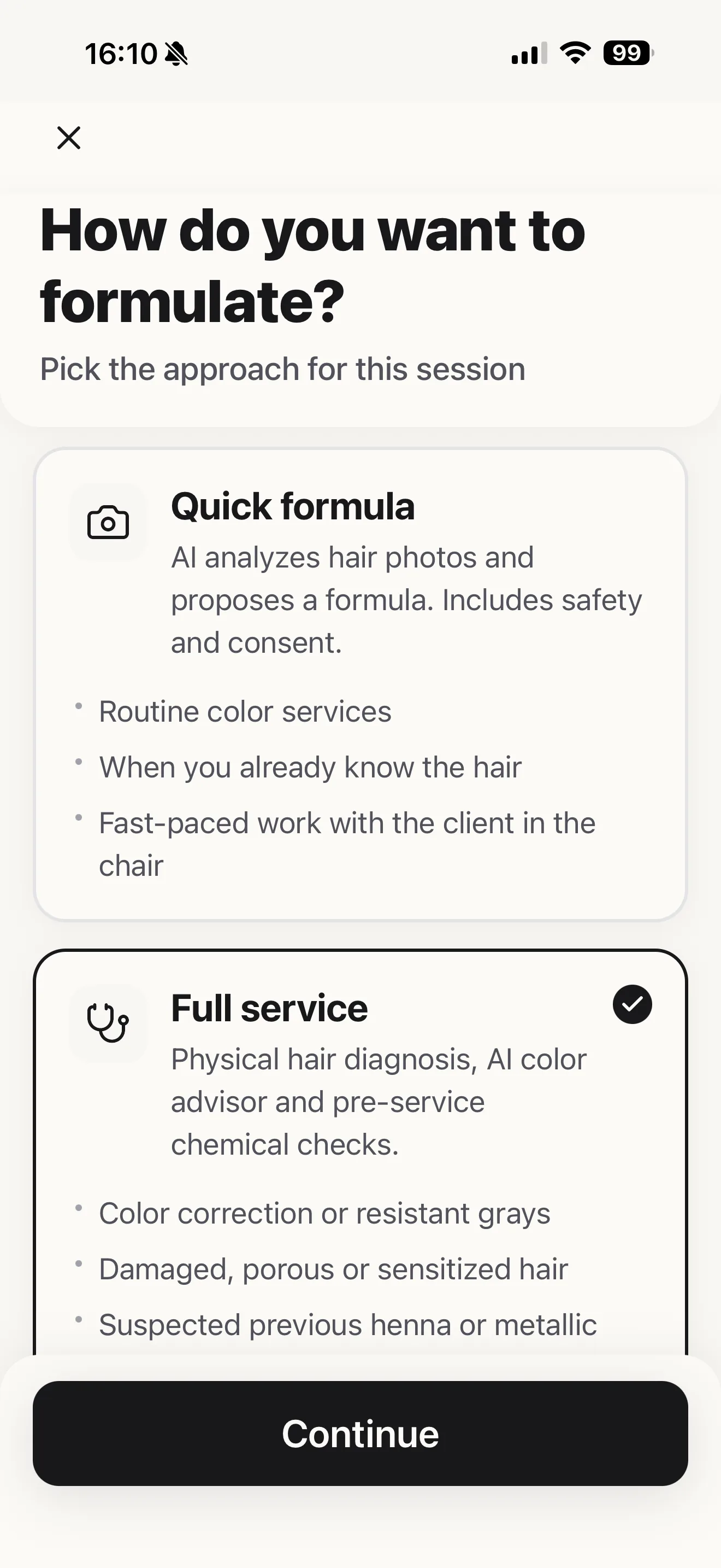 Choose how to formulate hair colour: quick formula or full service with diagnosis in Blendsor