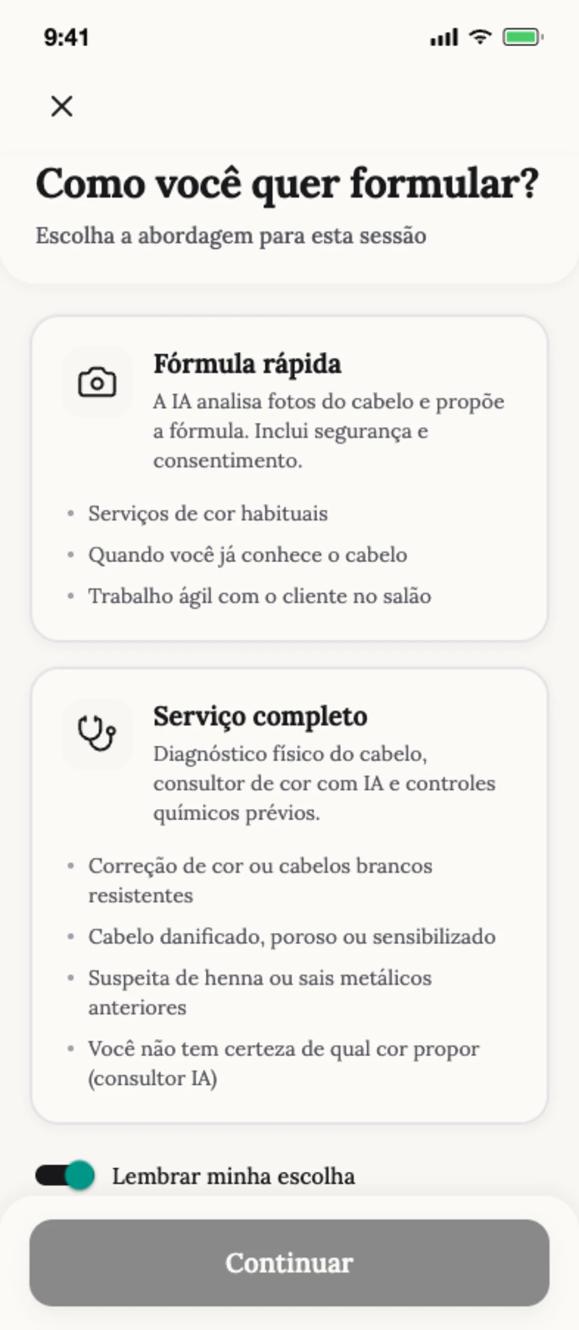 Escolher o modo de formulação de cor: fórmula rápida ou atendimento completo com diagnóstico na Blendsor