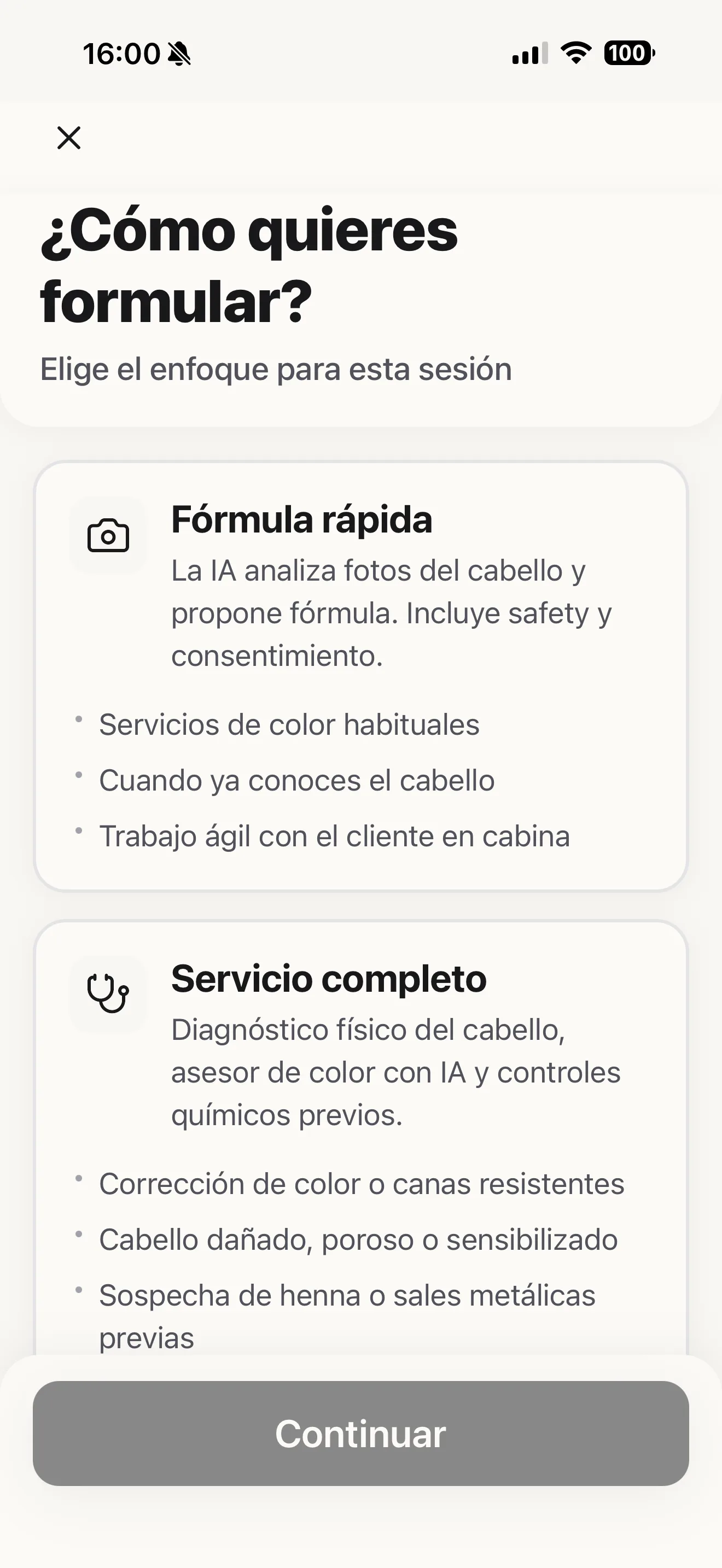 Elegir modo de formulación de color: fórmula rápida o servicio completo con diagnóstico en Blendsor