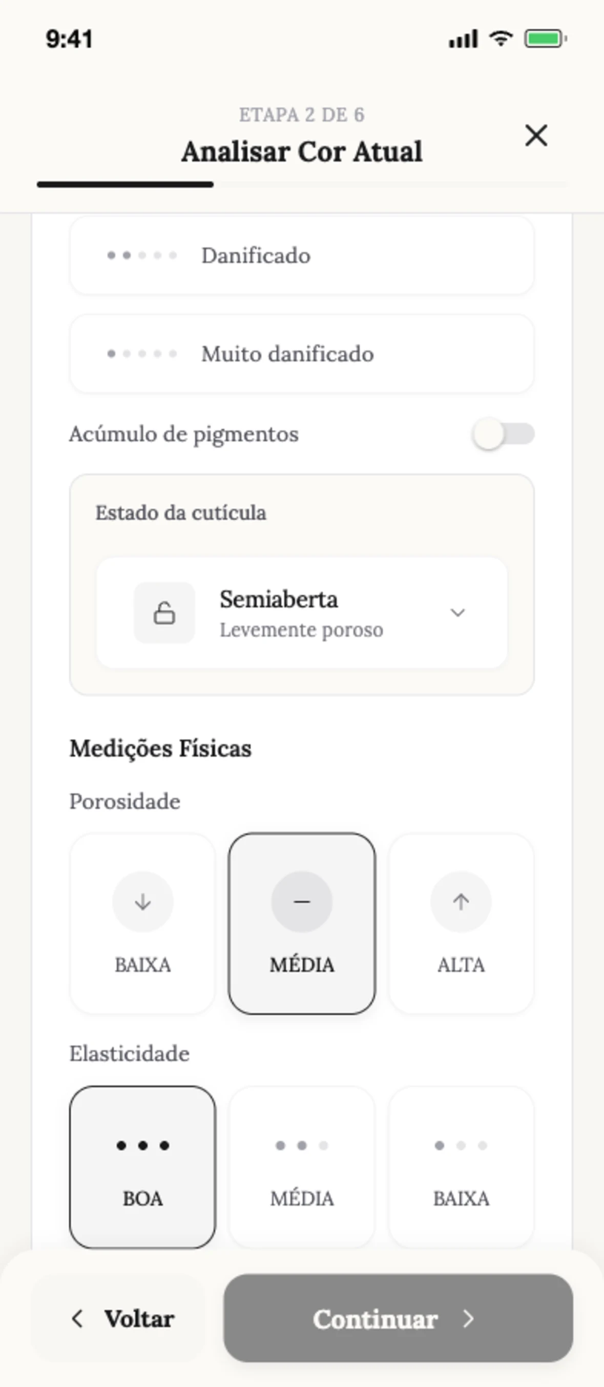 Diagnóstico capilar com IA: nível, reflexo, porosidade e estado do cabelo a partir da foto na Blendsor