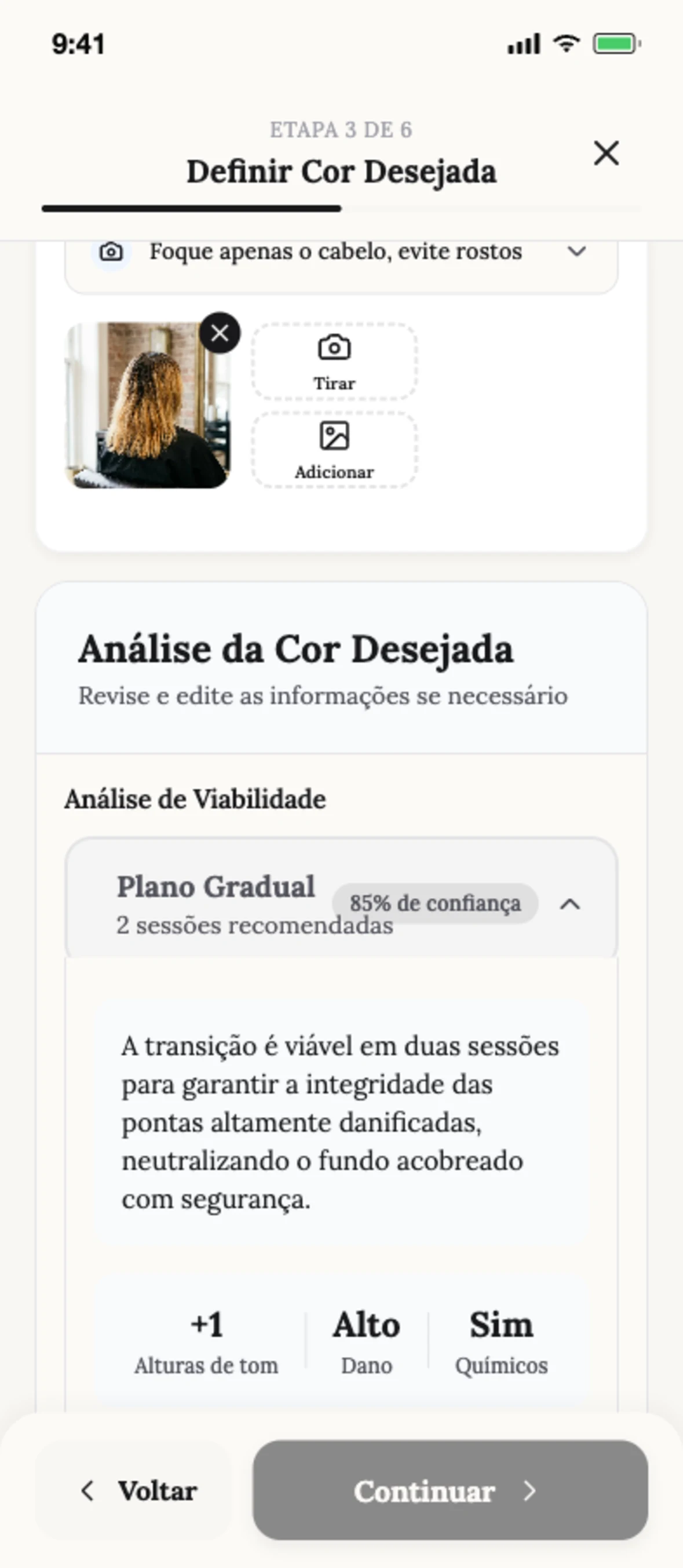 Análise de viabilidade e risco de dano antes de clarear o cabelo na Blendsor