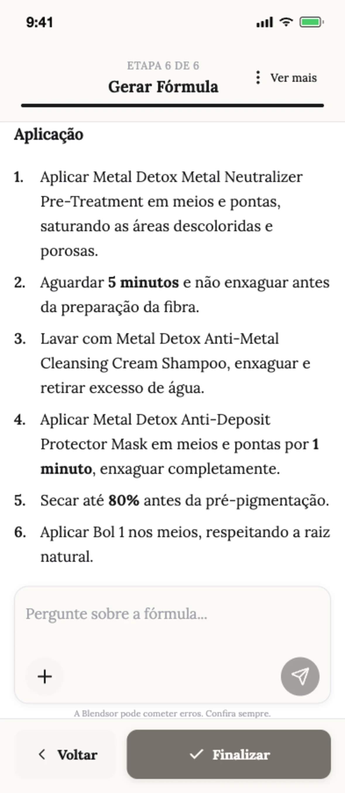 Ordem de aplicação passo a passo por bowls, com tempos e sinais de parada na Blendsor