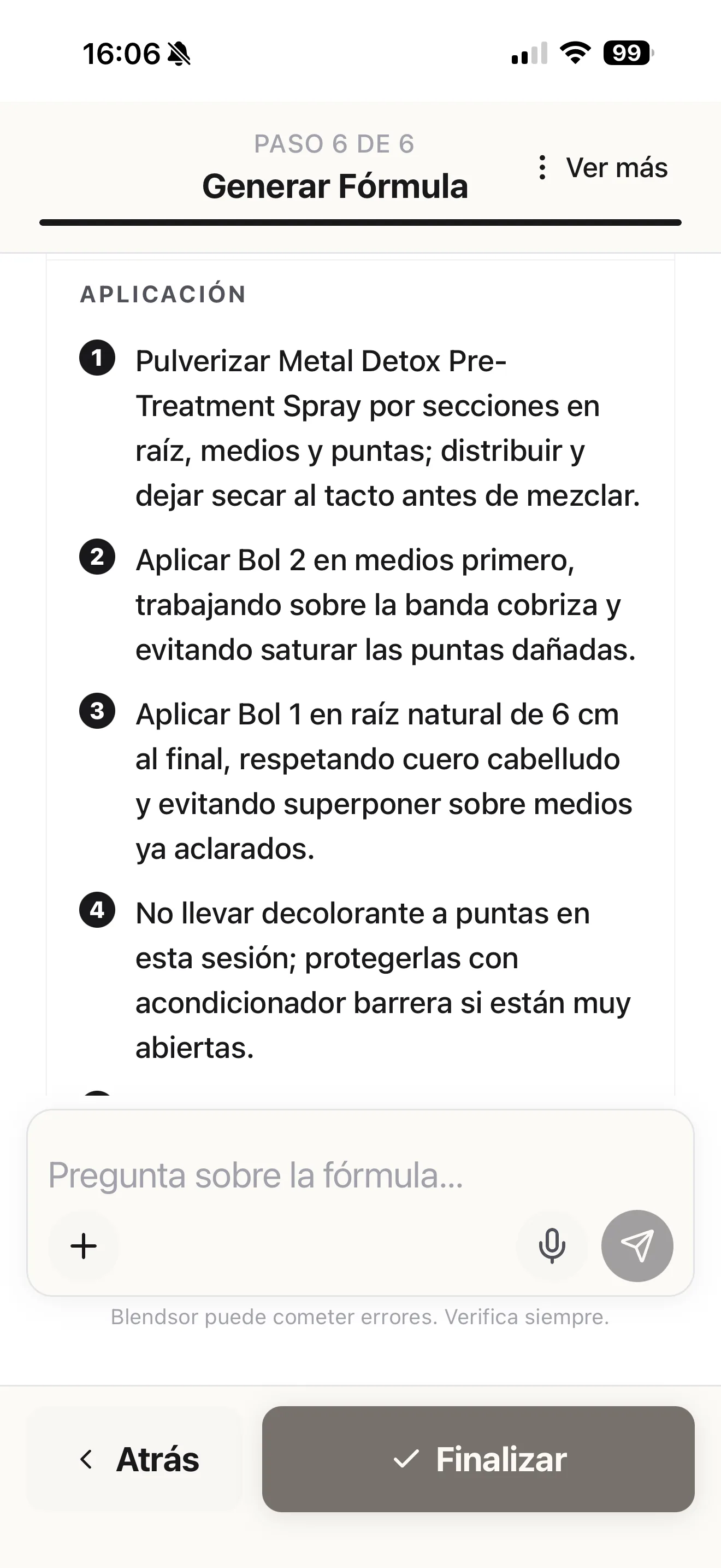 Orden de aplicación paso a paso por bols, con tiempos y señales de pare en Blendsor