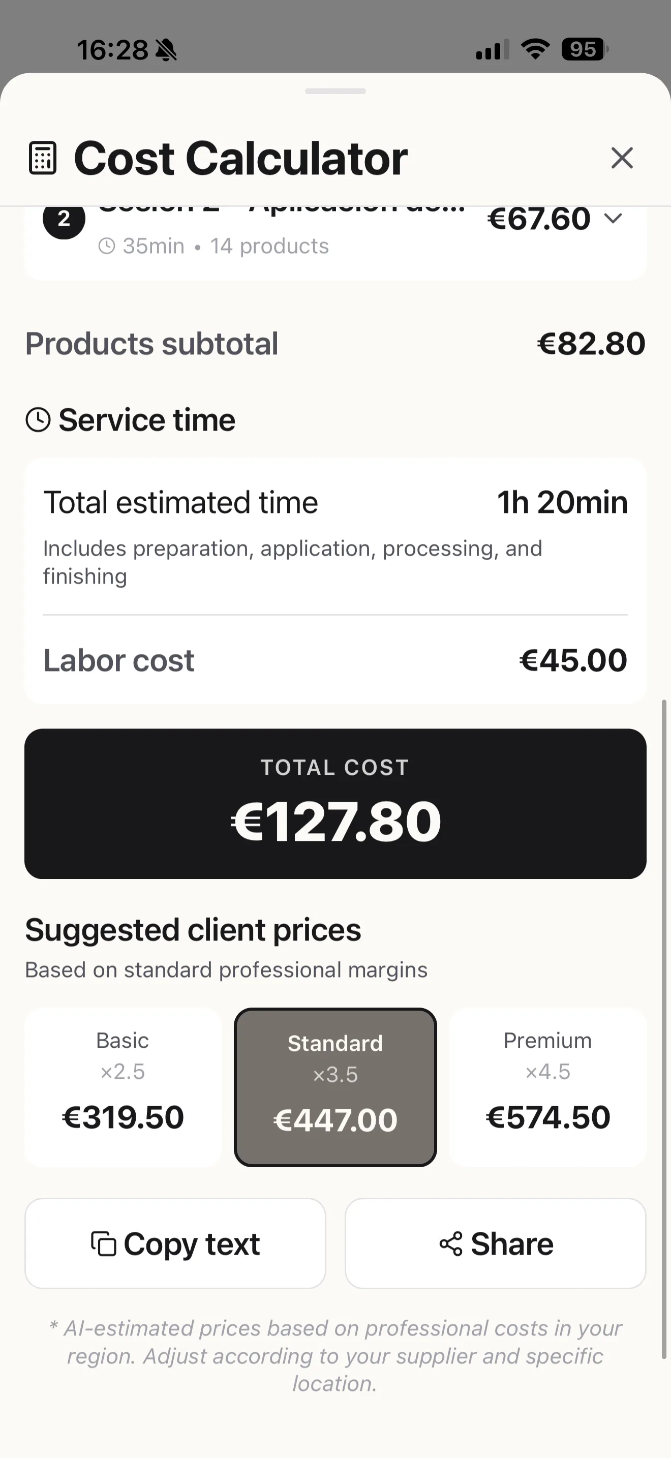 Product cost calculator and suggested client price with margin in Blendsor