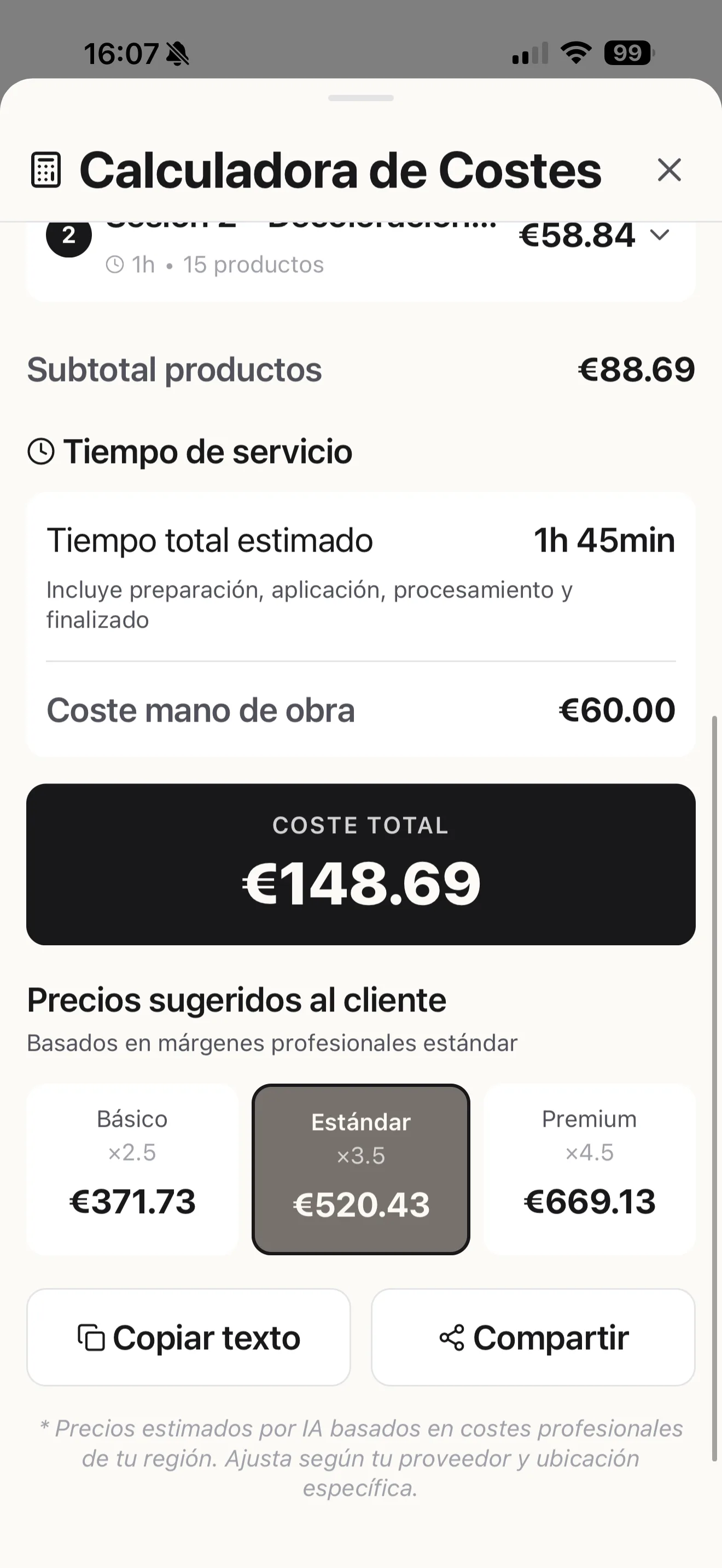 Calculadora de coste de producto y precio sugerido al cliente con margen en Blendsor
