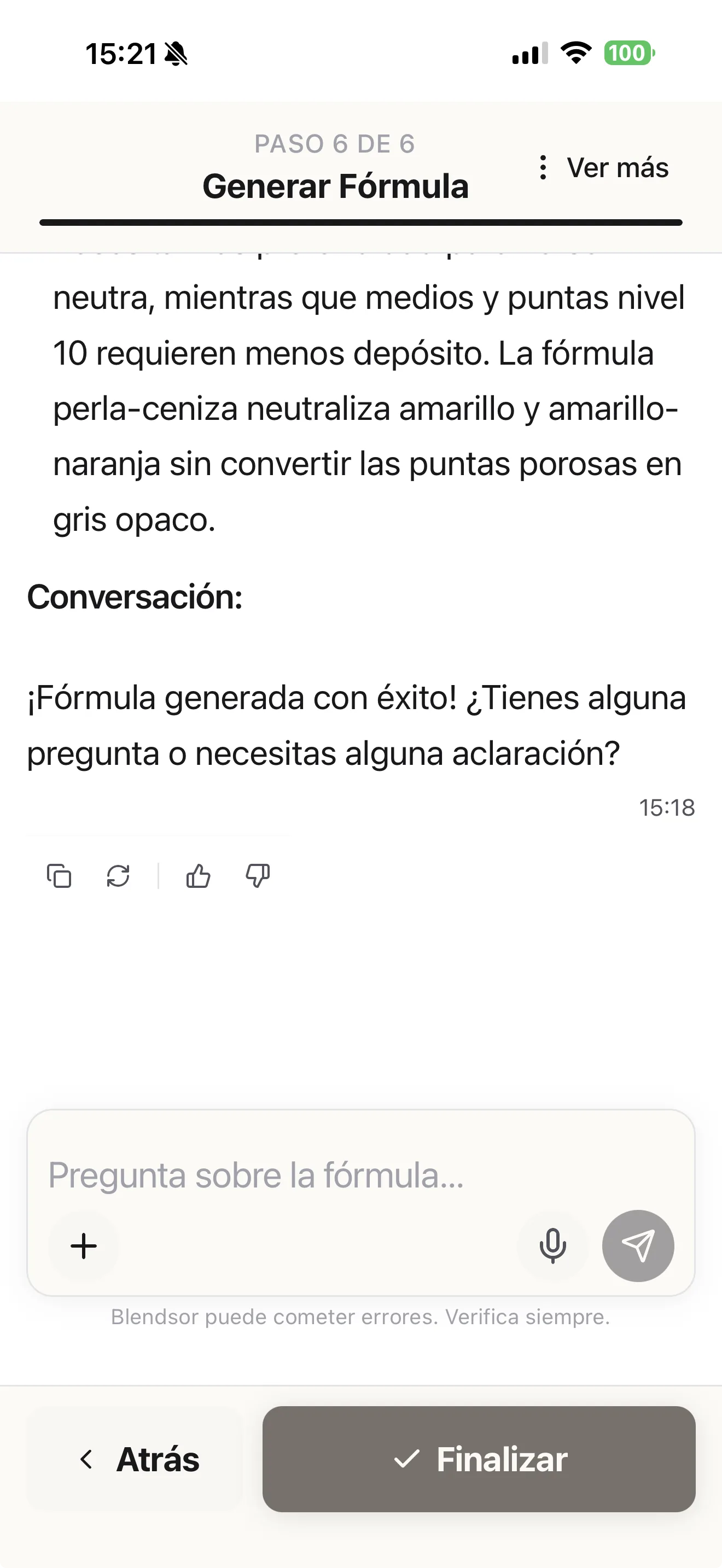 Chat para preguntar sobre la fórmula en Blendsor