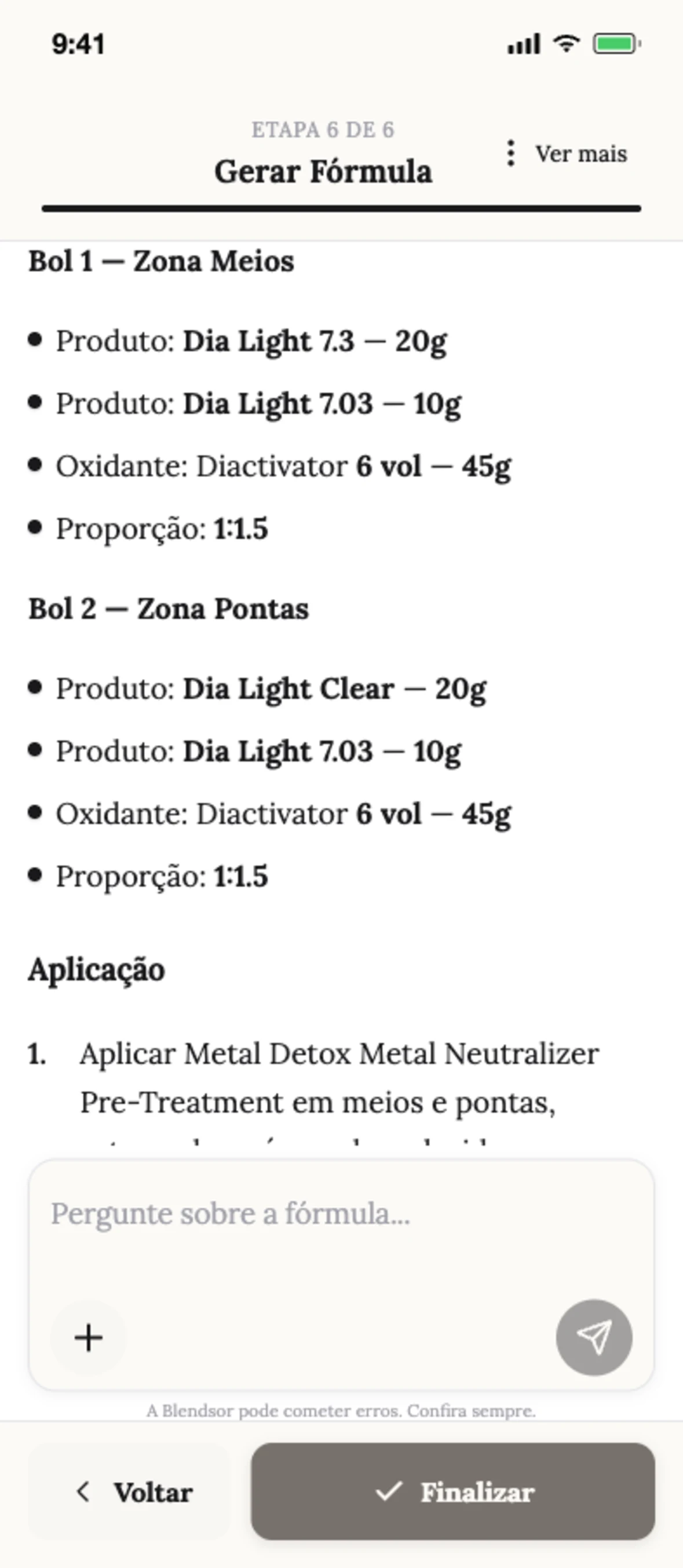 Fórmula técnica com gramas e volumes na Blendsor