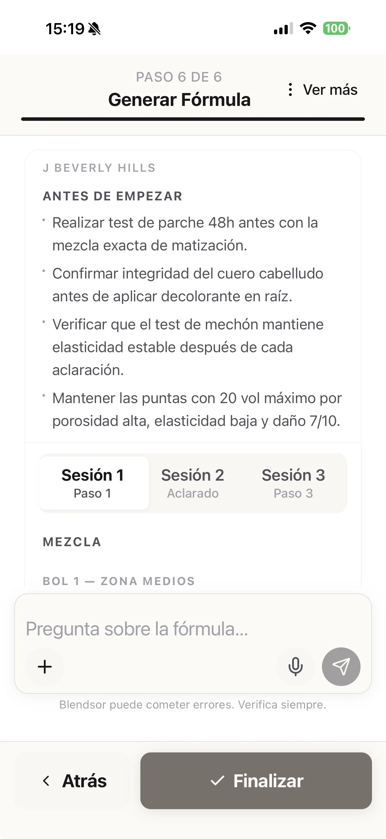Fórmula técnica con gramos y volúmenes en Blendsor